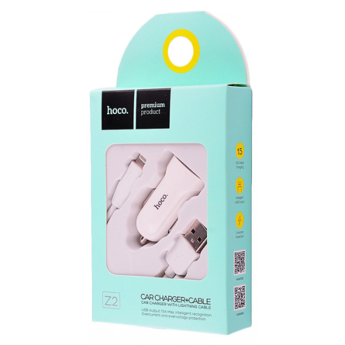 Автомобільний зарядний пристрій Hoco Z2 White з кабелем USB - Lightning