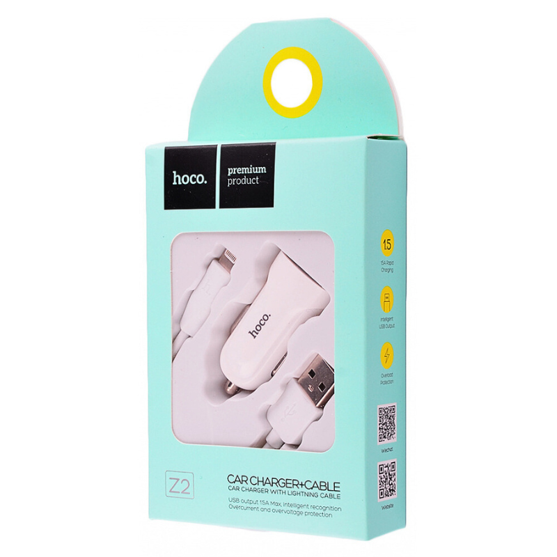 Автомобильное зарядное устройство Hoco Z2 White с кабелем USB - Lightning